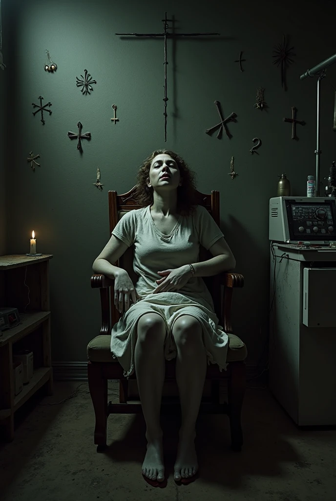 ((Detailed eyes)), bare feet, full body in container, dirty woman chained to a chair, white torn stockings, broken glasses, woman in container, desperate expression, worried alice in wonderland in container, concerned about future, brunette, realistic hands, photorealistic, grandpawds, 4k UHD, dark vibes, hyper detailed, epic composition, octane render, sharp focus, high resolution isometric, (film grain:1.3), The light is sparkling, high quality photography, 3 point lighting, flash with softbox, 4k, HDR, smooth, sharp focus, high resolution, (YES SFW:1.5), award winning photo, 80mm, f2.8, bokeh, (chained to a chair in container, bottle). [Entire scene is surrounded by mist, evoking a mysterious and eerie atmosphere. The lighting is dark and atmospheric, with smoke and fog adding a touch of sinister ambiance. Best quality image, HDR enhancement, showcasing the utmost level of detail and realism]. [8K, Best Quality, Ultra High Resolution, (highly detailed CG unity 8k wallpaper), (best photo), (best shadows), isometric 3D, octane rendering, ray tracing, highly detailed, (Best quality, 4K, 8k:1.2), absurdity, ultra detailed, (realistic, photorealistic, photorealistic:1.37), complex parts, HDR, (complex parts:1.12), (hyper detailed, hyper realistic, Soft lighting, spicy:1.2), (complex parts, Hyper detailed:1.15). Blurred foreground. (backlit), masterpiece, high quality, brightness, chromatic aberration, foggy smoke, shadows, contrast, (warm hue, warm tone), high details, natural reflections].