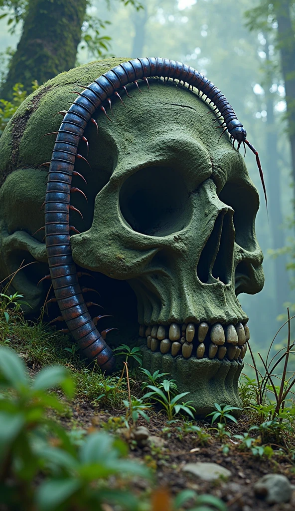 Photo of a portal in shape of a giant moss covered skull of monster in the dark forrest, rusted airplane, warner brothers film style, mystic, psychodelic atmosphere, 35mm