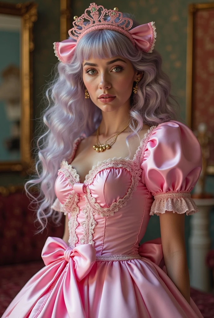 Pink wavy haired woman. Princess dress. Lifelike, photoreal
