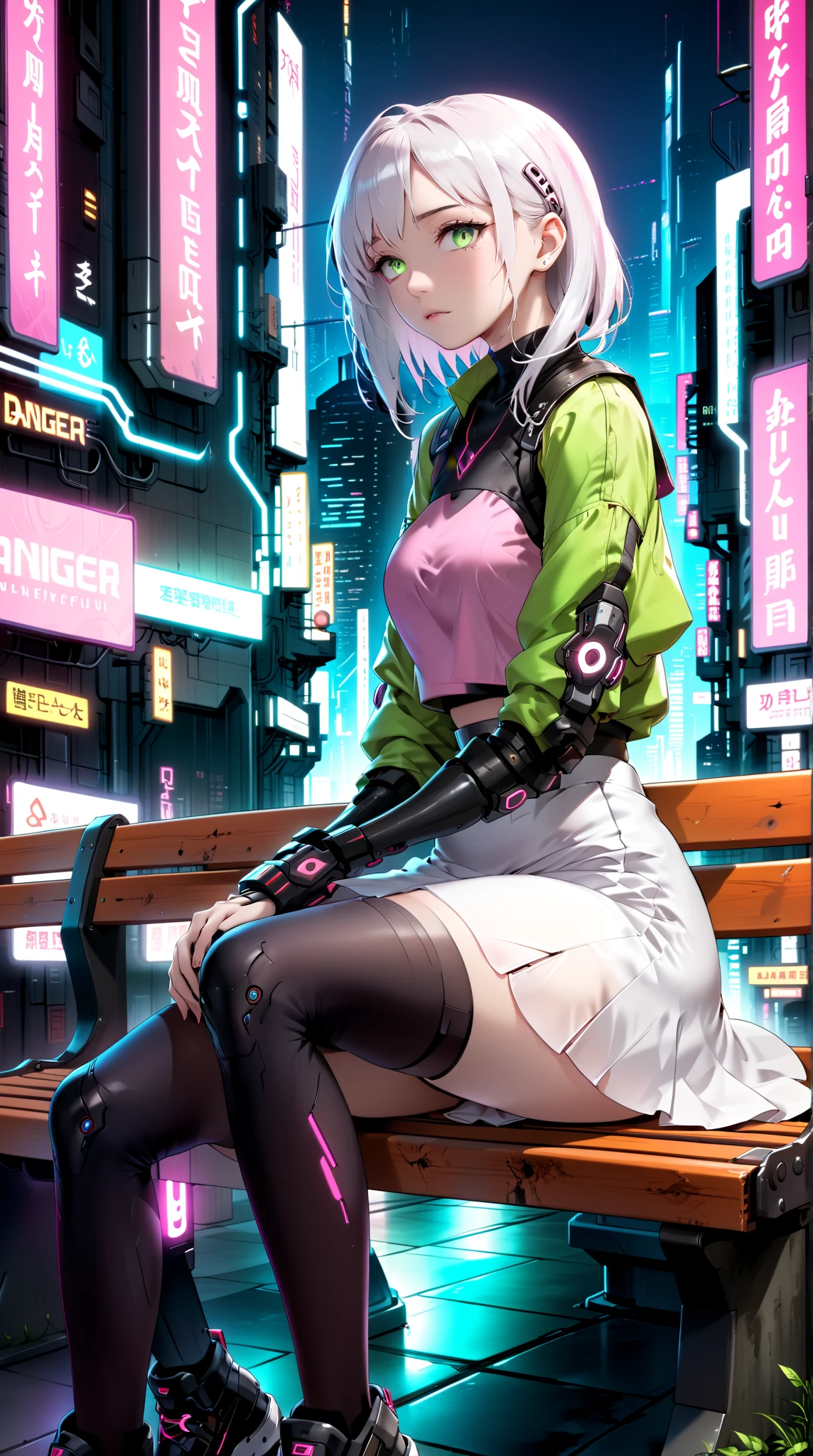 Top quality, masterpiece, very precise details, absurdity, very fine 8KCG wallpaper, very delicate and beautiful girl, highly detailed character, incredibly beautiful, BREAK, (transcendent beautiful girl: 1.5), very detailed eyes and face, (short hair, shiny hair, green hair), BREAK, (half-clothes jacket), (mechanical joints, mechanical feet: 1.4), sitting, perfect five fingers, BREAK, sleeveless exoskeleton suit, (headphones), black gloves, cyberpunk, neon glowing city,