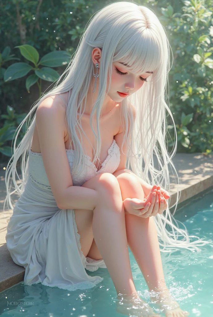 (64k uhd、Raw photography、top-quality、masterpiecel1.4)、(realisitic、Photorealsitic:1.37)、 natural(Small breasts:1.0)、a very pretty girl, Baby face, Clear eyes, Shining eyeeauutidful eyeine, precise and beautiful eyes、Transparent eyes、Embarrassed look, Smile、,blue eyess、small tits、Shout、yawns、
、Platinum Hair、 blue eyess、 (Tiny swimsuit:1.3)、(barechested:1.4)、(see-through langerie:1.latinum hair)、Lying by the pool、 precise and beautiful eyes、Slim thighs、taken from the under