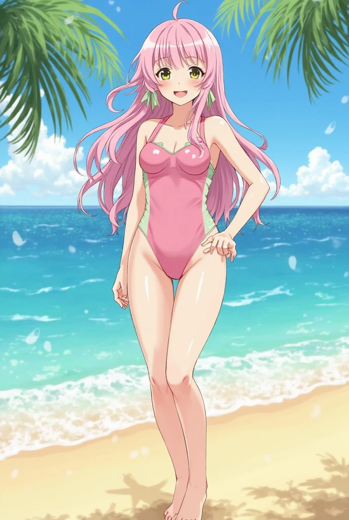 shikimori, slim legs,  beautiful eyes, blue eyes, happy, pink hair, long hair, white side tie bikini, beach