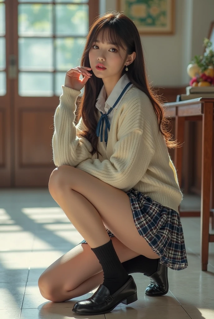 1 japanese girl, (ulzzang-6500-v1.1:0.8), (raw photo:1.2),((photorealistic:1.4)), best quality, masterpiece, an extremely delicate and beautiful, extremely detailed, CG, unity, finely detail, masterpiece, detailed CG unity 8k wallpaper, absurdres, incredibly absurdres, ultra-detailed, highres, extremely detailed, beautiful detailed girl, extremely detailed eyes and face, beautiful detailed eyes, light on face, cinematic lighting, full body, perfect hand, depth of field, student, wearing jk school uniform, shirt, short skirt, school jacket, wearing sexy fishnet stocking, garter bell, (no bra), ponytail hair, in a classroom, small breasts, wide lips, standing, cool face