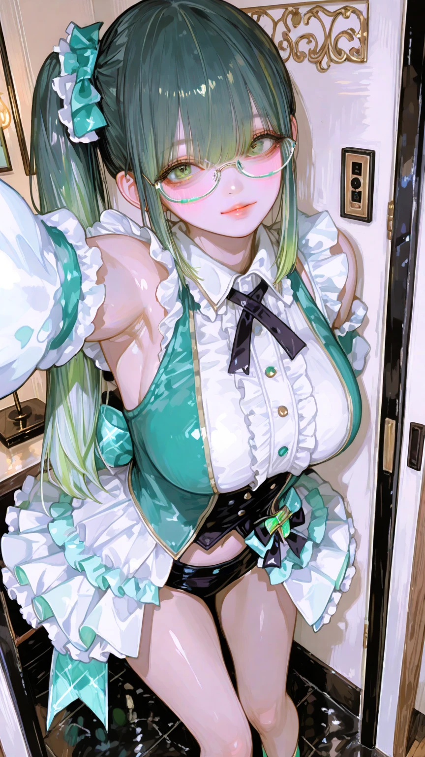 18 yeas old, girl, green hair, long hair, slim, big tits, narrow red eyes, cute, cat ears, glasses, 
(embarrassed,  blush:1.4), (ecstasy:1), (think:1.8), (grin:1.5), sailor uniform, See-through, ribbon, fishnet, garter belt, frills, Kneesocks, high heels, blue rose, headdress, frontal, standing, crowded train, centet of attention, inside the train, how many men 