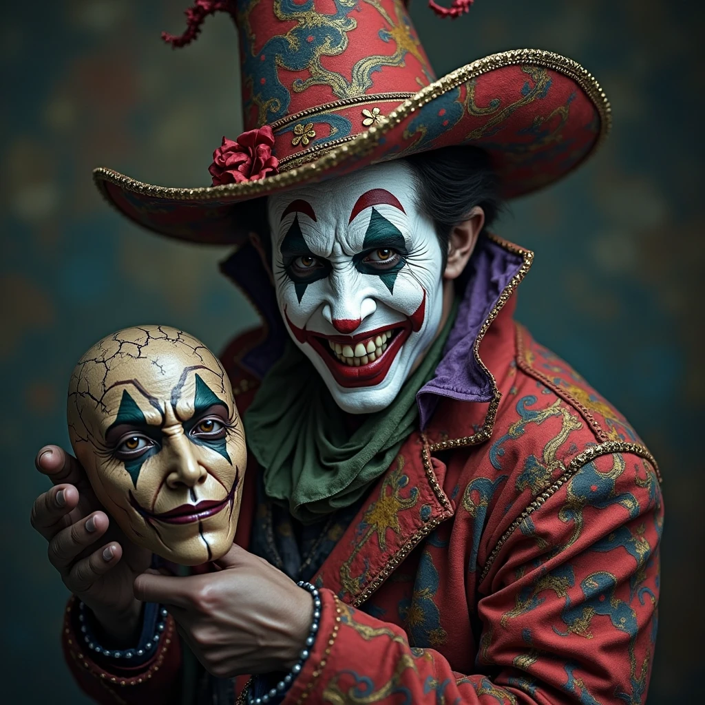 man with purple hair clown mask, scary smile, fat, katana weapon on his back, blue eyes, smoking body