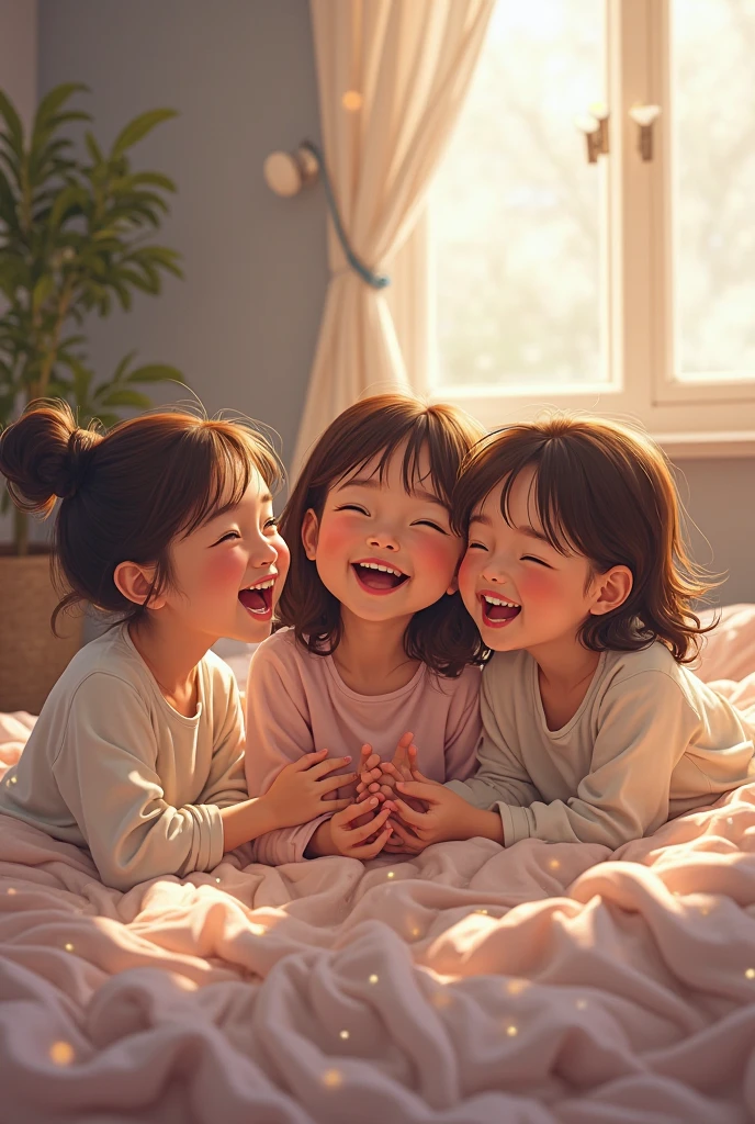 Photorealistic, Three younger teens, wearing short skirts, very big smiles, kneeling on hardwood floor in a bedroom at night, viewed from above