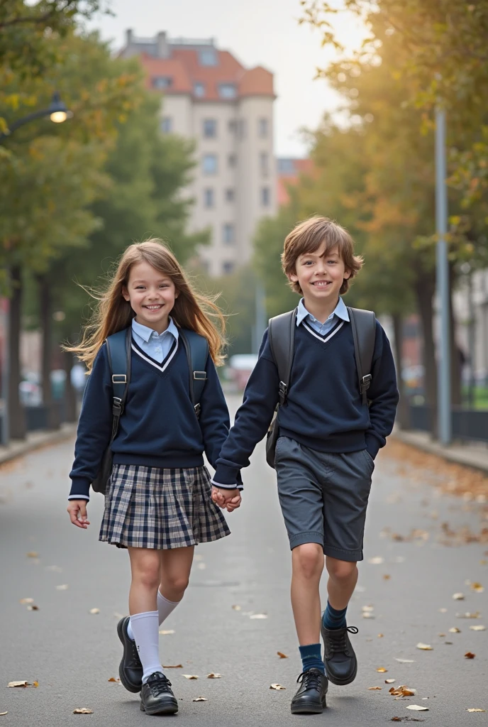 a girl and a boy in school uniform, The girl has long latex boots and gloves 
