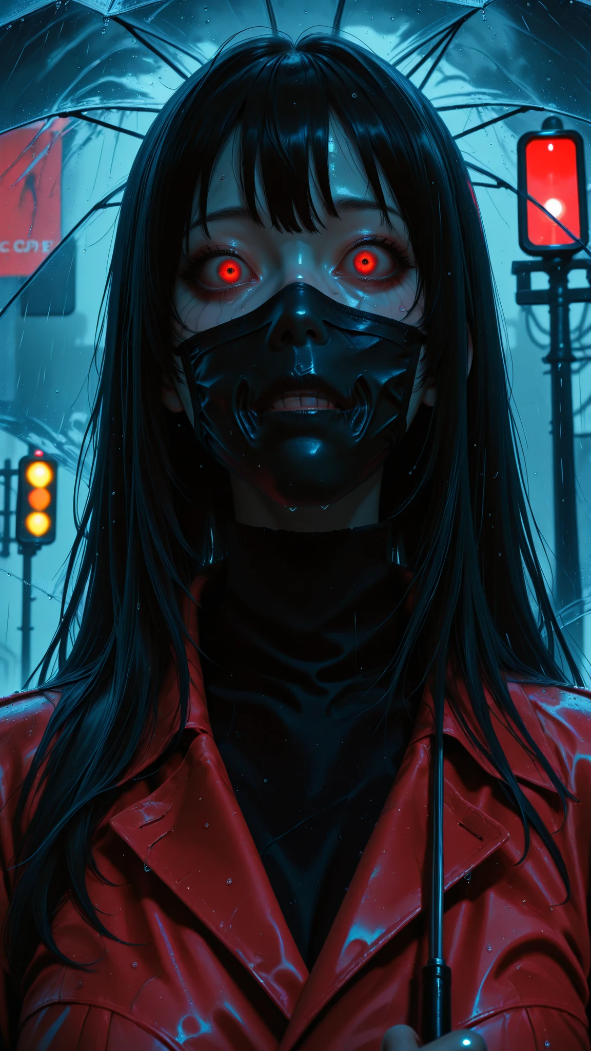 score_9, score_8_up, score_7_up, masterpiece, source_anime,(horror:1.3),1girl,umbrella,clear color,wearing a red trench coat, Black surgical mask,long hair,black hair,terror,realistic,heavy rain,rainy day ,red traffic light, looked at a viewer with bulging eyes