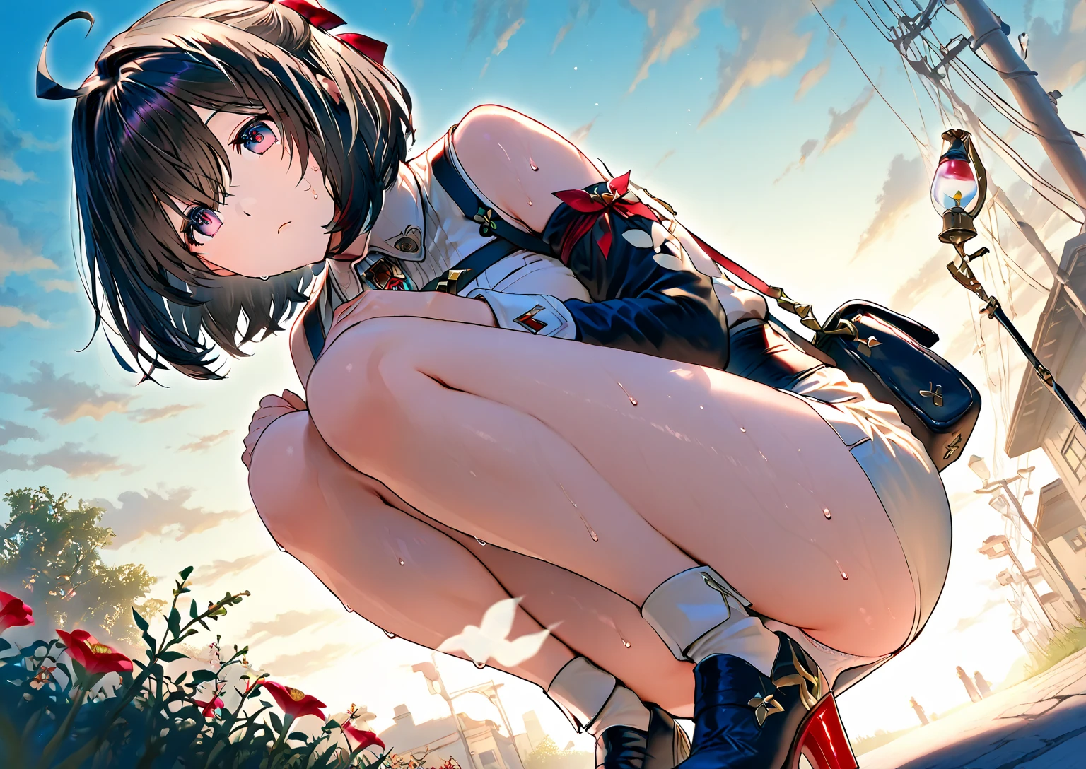 echo-san,  bob cut, black hair, short sleeve,
High resolution,Sharp focus,(Super detailed,Very detailed),(Very detailed CG unity 8k wallpaper),(((Vibrant colors))),{best illustration},
Complex eyes,Beautiful Eyes,Symmetrical eyes,Big eyes:1.5,Seductive eyes,((complete anatomy)),Perfect Fingers,(Detailed body),(Detailed face)), cute,small breasts,
shiny 肌,very shiny 肌,Shiny body,plastic glitter 肌,exaggerated shiny 肌,illuminated 肌, School Swimsuit,
(extreme close-up of thigh:1.5),  (The view is from very close below:1.5), Pushing hips forward, arms behind back,
At the swimming pool at a Japanese school,Diving board,Summer sunshine,