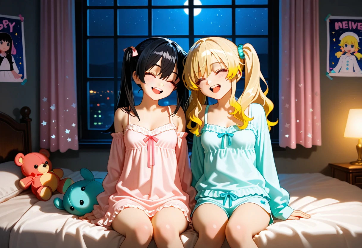 A group of young princesses, (in bedroom), various hair styles, harem, wearing royal dress, night, details face, , short skirt, seducing, sleeveless , showing armpits, night, starry night