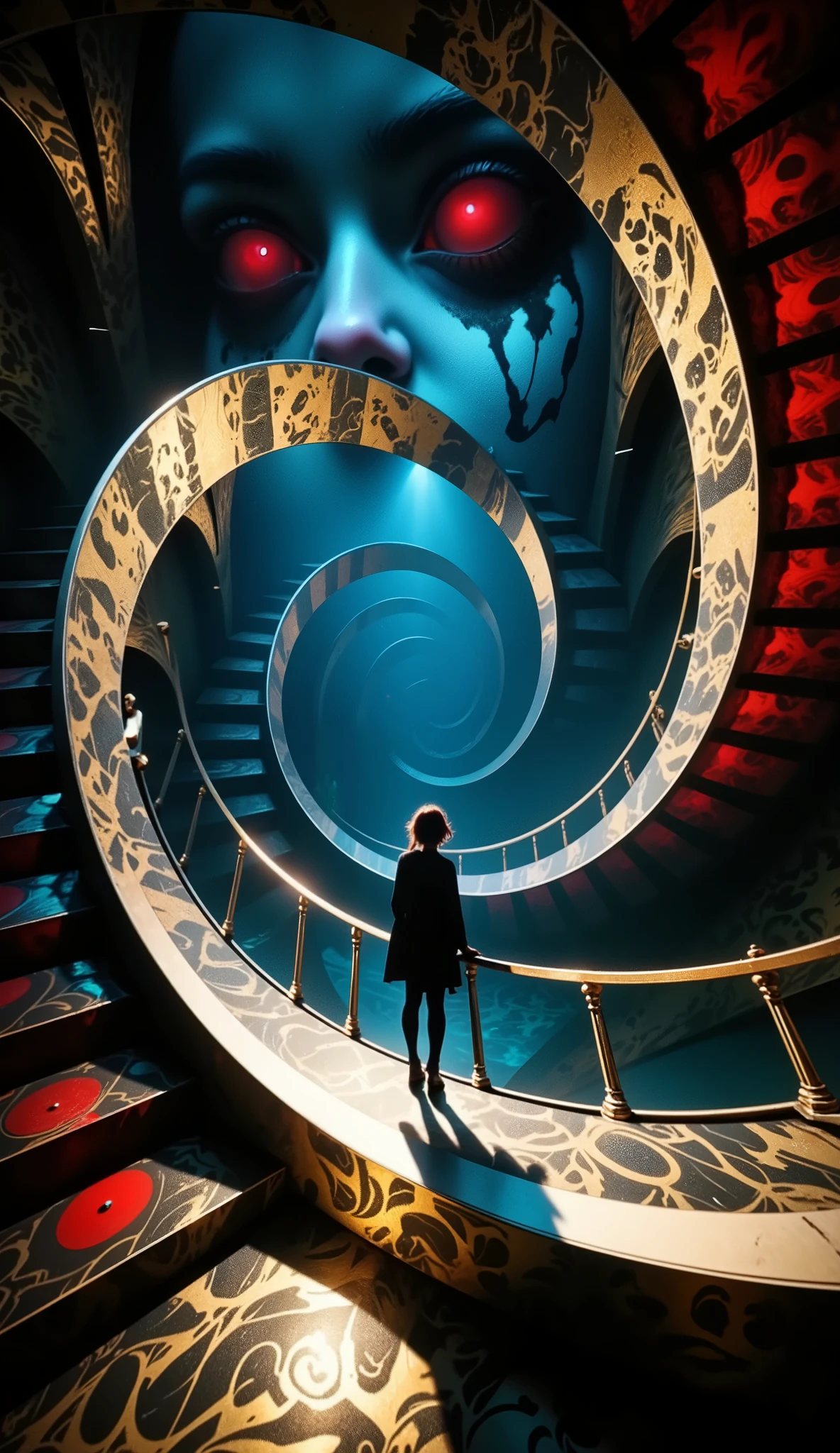 spiral staircase,mysterious space,metaric colors,huge shadow woman in front,horror, Ghostlystyle, double exposure of high quality, Expressing a woman's shadow with double exposure, Double exposure of a woman creating a ghost in the shadow,ghosts ,growing red eyes, Reaching out to the viewer and chasing after them,big black hand