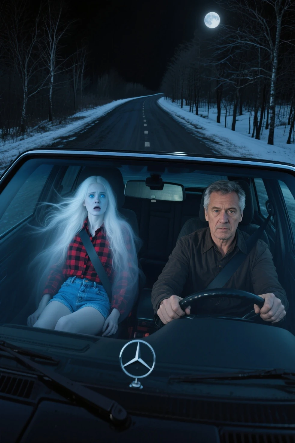 Realistic 8K photography of a middle-aged man in his fifties with short graying hair, strong features, and slightly tanned skin, driving a large Mercedes-Benz-car on a winding, dimly lit forest road.
The passenger is a female ghost, a young woman in her twenties, with translucent skin, piercing icy blue eyes, long white hair flowing around her, and an expression of absolute terror.
Her clothes, blue denim shorts and a red and black checkered blouse, are translucent like her entire body, allowing a glimpse of the car's interior and the nightscape through her.
Her hair is on end, and she is huddled in the passenger seat, her seatbelt fastened.
The man displays a calm and intrigued gaze, a glint of curiosity in his brown eyes. The road is lined with  trees under a windy black winter sky, illuminated only by the car's headlights and a pale moon.
A supernatural and eerie atmosphere is accentuated by a play of contrasting light and shadow, with dark and cold colors dominated by black, deep blue, and the ghost's spectral white.
The image is framed from a high angle, from the rearview mirror, offering a perspective on the driver and the passenger's spectral reflection. A realistic photographic style with a slight grain for a cinematic effect. Realistic textures of the car, clothing, trees, and skin. Subtle transparency and blur effects accentuate the ghost's spectral character.