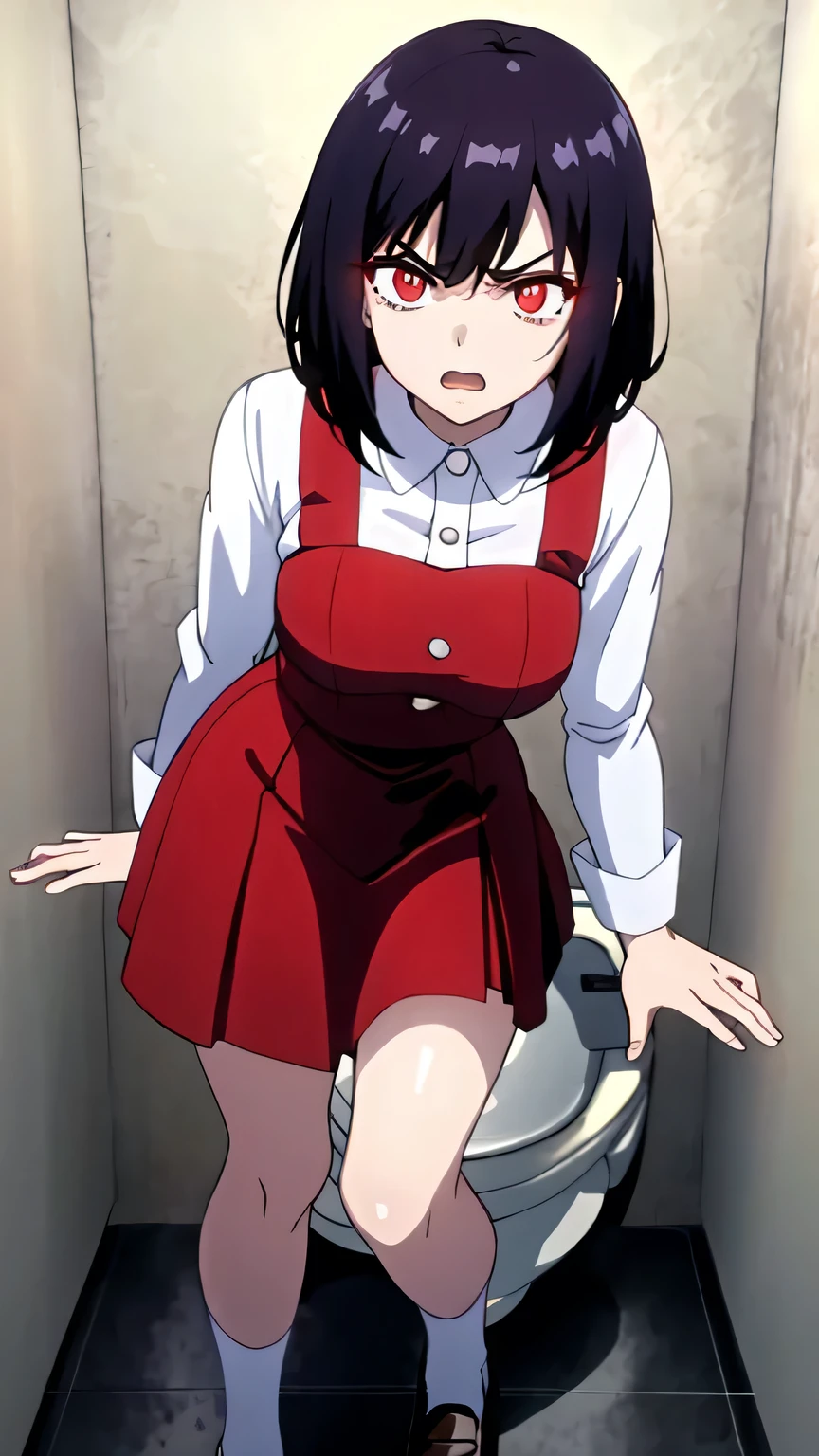 {{{masterpiece}}}, (best quality:1.5), (ultra-detailed:1.5), {illustration}, {{an extremely delicate and beautiful}}, (beautiful detailed eyes:1.6), absurdres, highres, extremely detailed face, 16k, hd, visual anime de uma jovem mulher, extremamente bonito rosto de anime, anime melhor garota, (perfect hands, perfect anatomy), (five fingers:1.1), anime face, Hiraki Hanako(Toilet Hanako-san), 1girl, solo, cute face, short hair, black hair, bangs, sidelocks, glowing eyes, (red eyes:1.2), large breasts, big hips, curvaceous, BREAK, {school uniform}, white shirt, collared shirt, long sleeves, white sleeves, (red suspender skirt:1.2), red suspenders, red skirt, mini skirt, white socks, loafers, BREAK, 1girl, solo, angry, upturned eyes, evening, indoors, (men's toilet:1.3), ruanyi0181, (dirty toilet:1.2), toilet bowl, standing