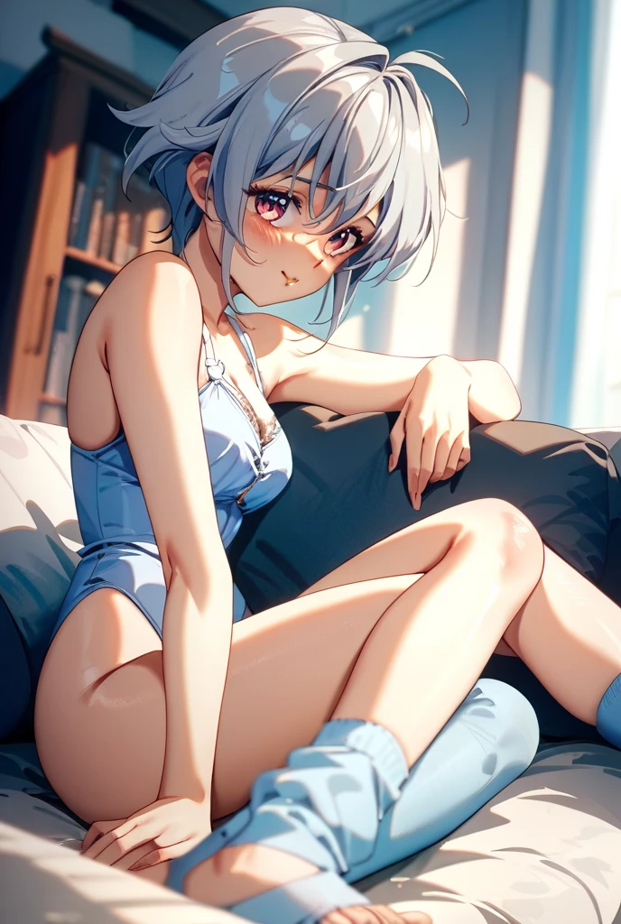 Top quality, (masterpiece: 1.2), very detailed, own room, 1 girl, solo, (muse), smile, watch viewer, gray hair, circle of angels, short hair, hair ornament, green eyes, light in the eyes, white underwear, in the middle of changing clothes, realistic, from the knees up, glowing skin, fair skin, ultra-realistic, realistic, portrait, blur,