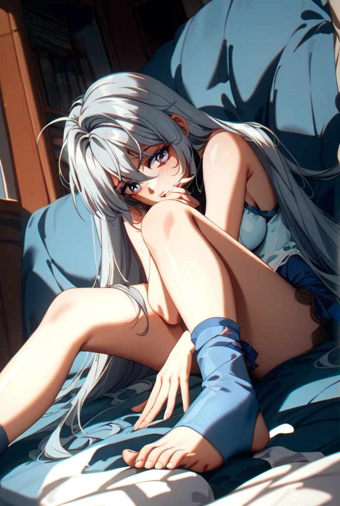 masturbation, Nude, pussy, vaginale, ((pussy juice)), (Highest quality, High resolution, Very detailed), 1 female, Silver Hair, Long Hair, closed eyes, lace bra, Large Breasts, Slim beautiful legs, spread legs, secretary, 24th generation, Beautiful woman, mature, quiet, Calm, (((orgasm face))), sofa, sitting,