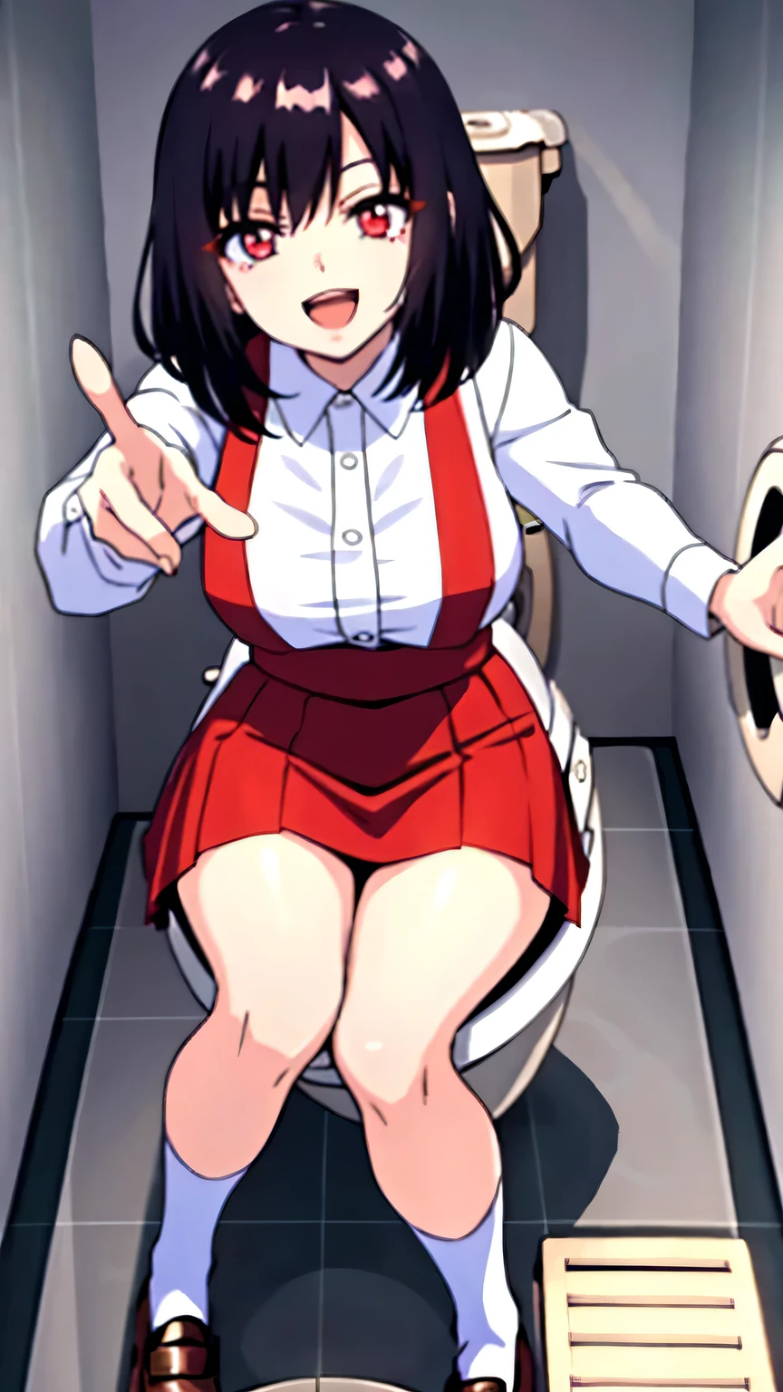 {{{masterpiece}}}, (best quality:1.5), (ultra-detailed:1.5), {illustration}, {{an extremely delicate and beautiful}}, (beautiful detailed eyes:1.6), absurdres, highres, extremely detailed face, 16k, hd, visual anime de uma jovem mulher, extremamente bonito rosto de anime, anime melhor garota, (perfect hands, perfect anatomy), (five fingers:1.1), anime face, Hiraki Hanako(Toilet Hanako-san), 1girl, solo, cute face, short hair, black hair, bangs, sidelocks, glowing eyes, (red eyes:1.2), large breasts, big hips, curvaceous, BREAK, {school uniform}, white shirt, collared shirt, long sleeves, white sleeves, (red suspender skirt:1.2), red suspenders, red skirt, mini skirt, white socks, loafers, BREAK, cute face, open mouth, smiling, pointing, dancing, jumping, from above, indoors, dirtypublic bathroom, (toilet:1.5), (cute gestures:1.2), dynamic pose, dynamic angle, mysterious, fluttering skirt, (perspective:1.2)