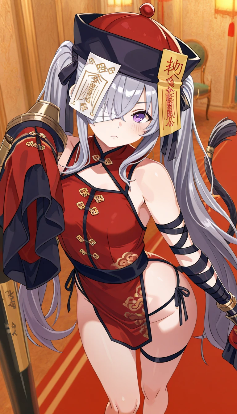 masterpiece,best quality,high resolution,cinematic lighting, Dramatic Angles,1girl,<Lola:ShadowverseFightingJiangshiV14:0.8:lbw=Kyungsi 3>,black hair,gray hair,other rooms,has,Please close cap,It's behind the hair ornament,twin tail,PURPLE EYES,bill,bill over one eye,one eye covered with bill,Red Chinese clothing,bare skin shoulders,thigh strap,gauntlet,Arm wrapped in bandages,Legs with bandages,,pole arm,inflammation,standing,serious,dynamic angle