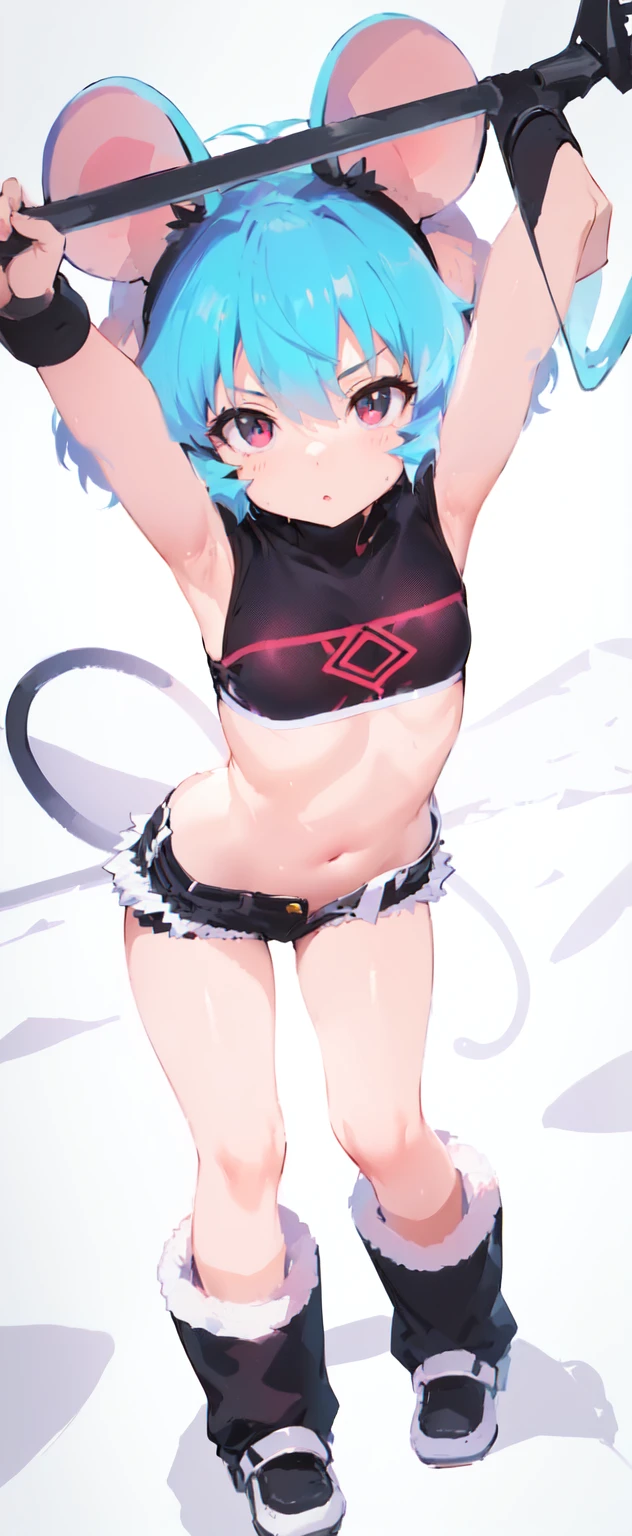 1girl, full body, crop top, mini skirt, blushing, brown eyes, very short brown hair, big boobs, white skin,  long eyelashes, eyeshadow,  small face, big eyes