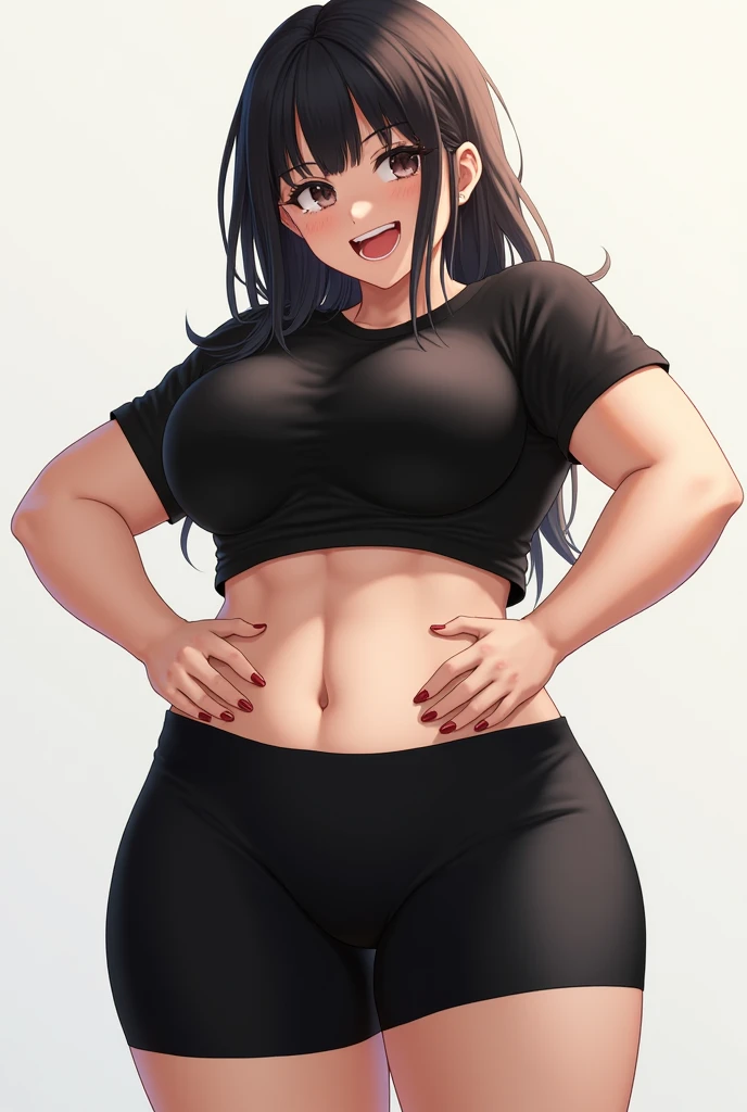 ((Masterpiece)), ((Best Quality)), (4K quality), ((Detailed face:1.2), (Detailed eyes:1.2), (Detailed pupils:1.2), (half-body-shot (cowboy shot):1.3), Ultra High Resolution, intricate details, ultra-detailed, dramatic lighting, 1girl,solo, 45-year-old, Latina, mature female, (dark-skinned female:1.5), long black hair, (Wearing: red tank-top, black leggings, sneakers:1.2), smiling, sexy, very beautiful face, Curvy, Oversize, Overweight, thick lips, plump figure, big breasts, fat rolls, belly rolls, muffin top, big deep navel, tight out, love handles, wide hips, wide waist, wide load butt, thick thighs,