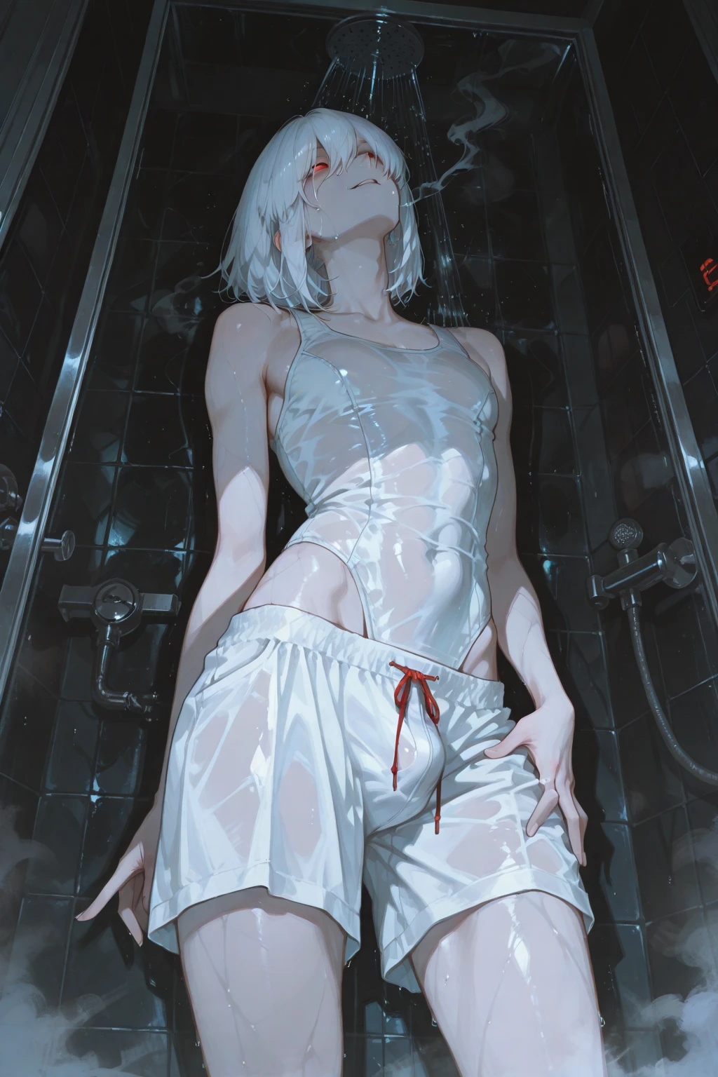 ((((masterpiece, best quality, high resolution)))), 1girl, white hair, red eyes, average breasts, blush, light smile, parted lips, glow, thighs, bare shoulders, collarbone, narrow waist, sunbeam, sunlight, rose, wind, cleavage, (beautiful detailed face, beautiful detailed eyes), (white tank top, wet clothes, braless, see-through, cameltoe), (sweat)