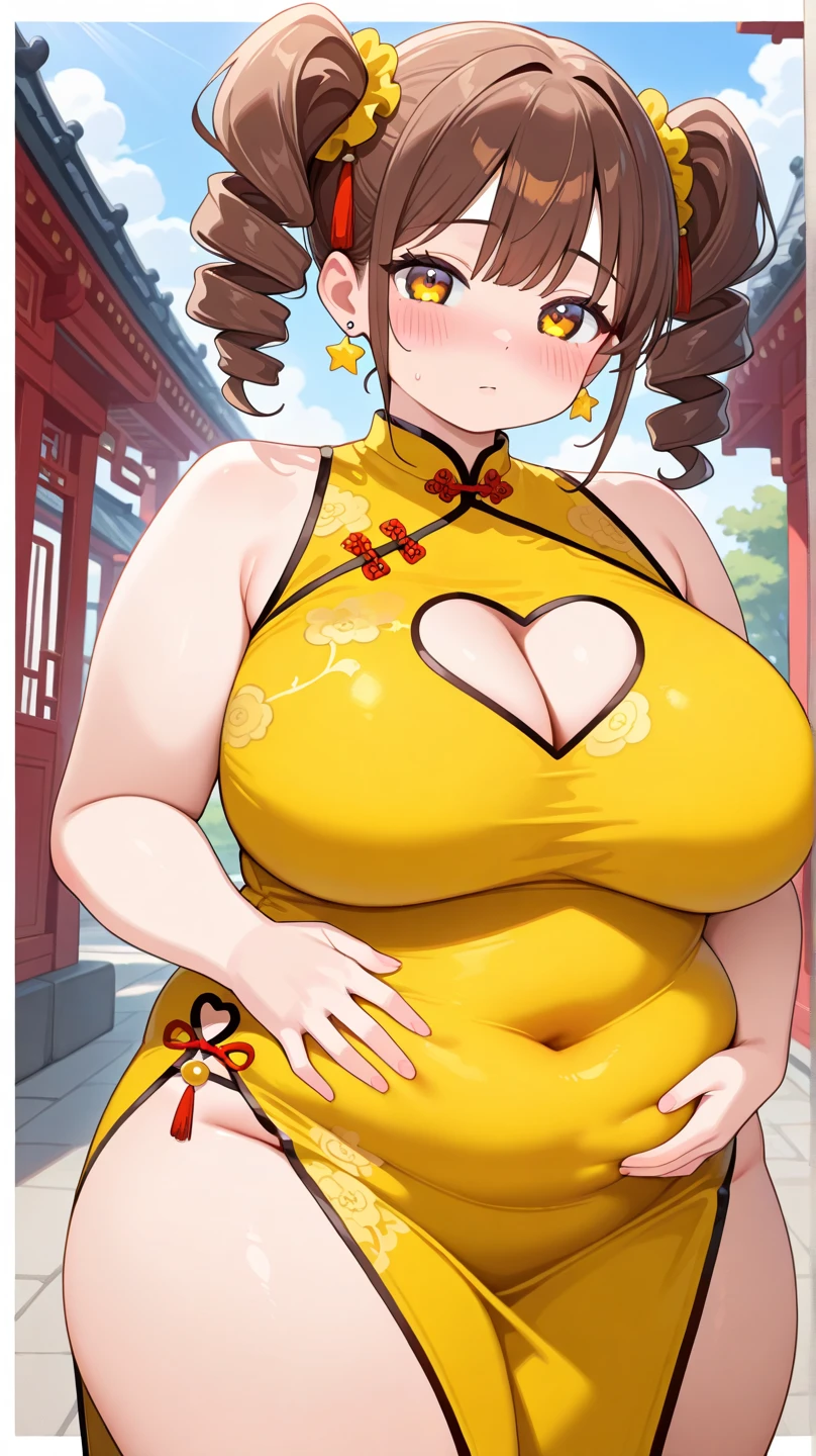 1girl, cowboy camera, Chinese dress, gigantic breasts, huge huge huge chest, Ginormous breasts, oppai ratio