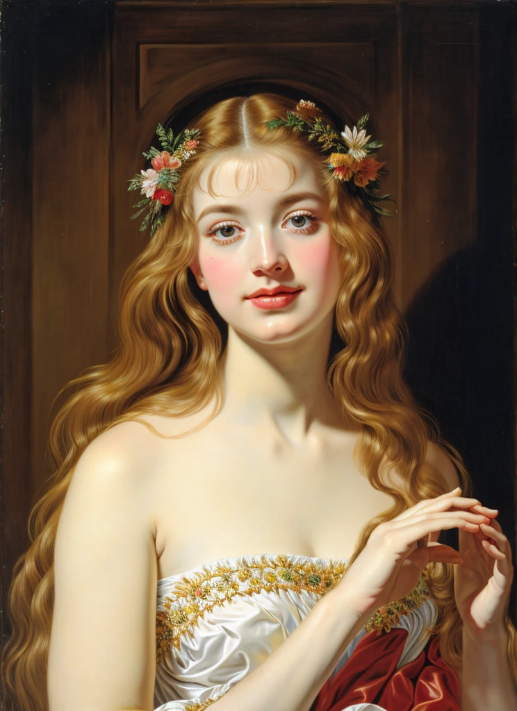 Original Character, ethereal beauty, aesthetic, Masterpiece, Best quality, high clarity eyes, critically flawless,sharp picture, styled hair, long hair, fluffy hair, Full portrait, High pixels, perfect face, perfect eyes, beautiful face, perfect hands,perfect fingers, in Peter Paul Rubens style, by Peter Paul Rubens, baroque style, acrylic on canvas, highly detailed, description: "Create a nymph inspired by the tales of Greek or Roman mythology, embodying the essence of a natural element or location, and possessing a unique ability or trait that sets her apart."