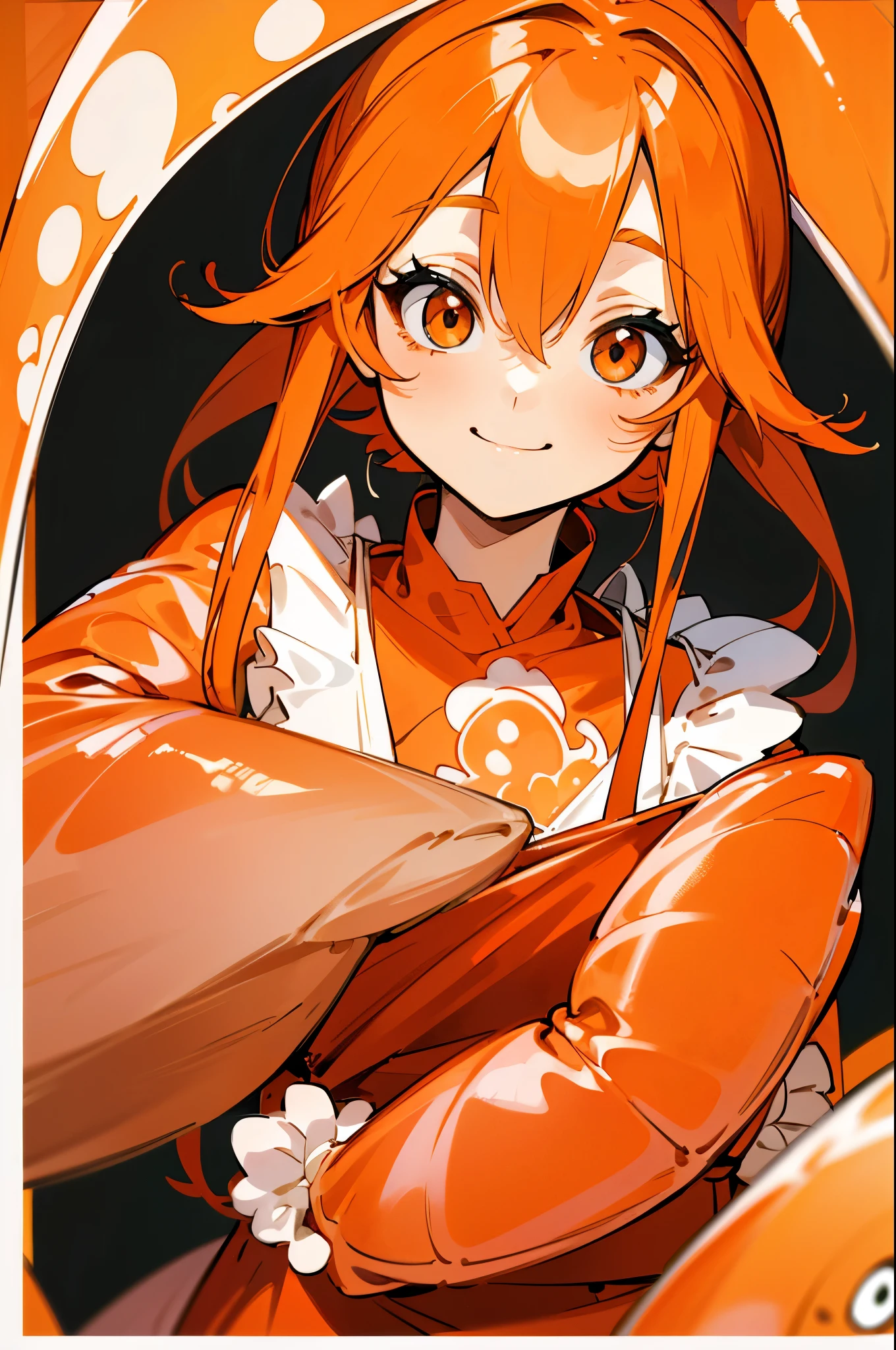 shrimp monster women、Orange Clothes、orange hair、long hair、Red round eyes、Smile Yan、upper body closeup、Apron、bright kitchen background、shrimp all around、Lots of shrimp