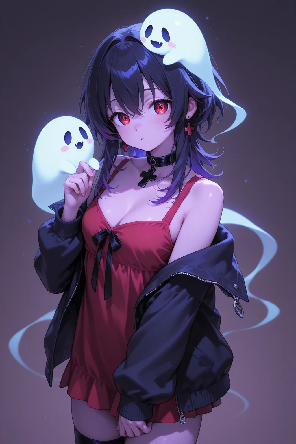 (Masterpiece, Best Quality: 1.2) 45 degree side view, tilted sideways towards the camera. "Beautiful vampire girl, short hair, torn clothes, one hand covering her chest, sexy vampire girl, sexy anime style, charming, charming, big breasts." Scary castle background with other ghosts around, in the style of a top portrait painter.