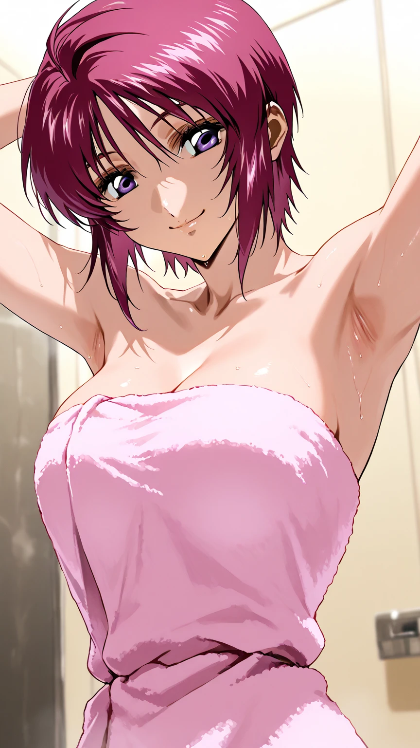 masterpiece, Highest quality, High resolution, One girl, alone, short hair, Ahoge, Redhead, Purple eyes, Purple Hair, Completely naked、tits、Large areola、Nipples、belly button、bath、 Cowboy Shot, Are standing, indoor