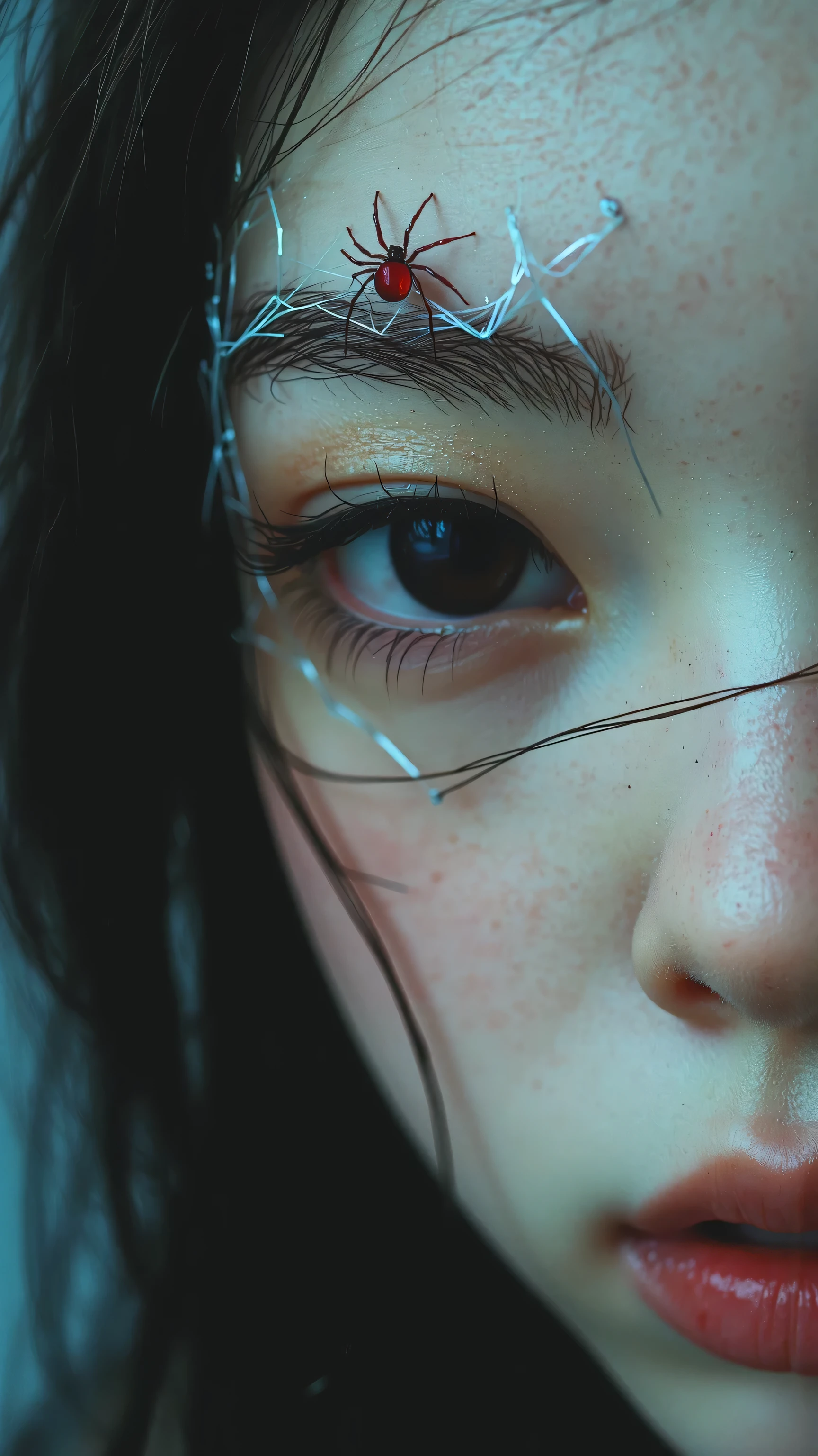 masterpiece, best quality, ultra-detailed, Junji Ito manga style, high contrast, screen tones, subtle color horror.
extreme close-up on a woman's forehead and eyes.
her expression is calm, almost catatonic.
her eyebrow is not made of hair, but of fine, intricate, shimmering silver spiderweb.
a tiny, jewel-like spider with a ruby-red body is perched in the center of the web, right above her eye.
the spider's legs twitch slightly.