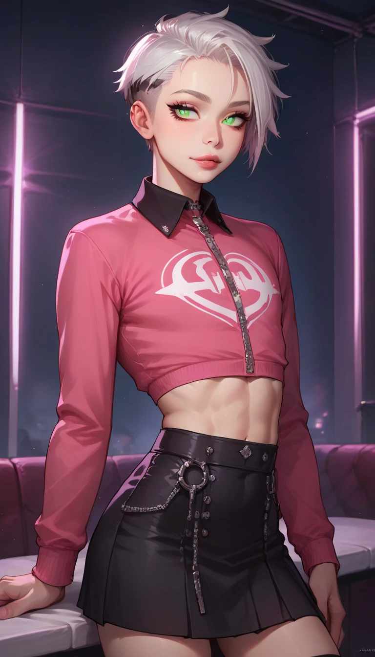 Bra Top, Beautiful fece、blonde guy, Jewelry, Ring, Blonde hair, Solo, Red heart symbol, earrings, Red Eyes, Looking at the viewer, Red Nails, Short hair, Undercut, a smile, One Boy, Necklace, Open mouth, Male Focus, Jersey pants, Navel, Choker, off shoulders,simple background、piece sign、heart