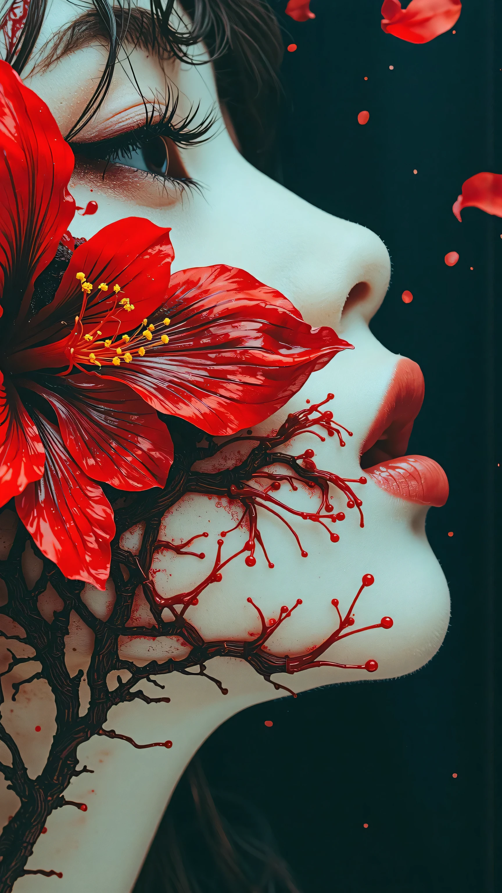 masterpiece, best quality, ultra-detailed, Junji Ito manga style, high contrast, screen tones, vibrant floral horror.
close-up on a woman's cheek.
her expression is one of pained ecstasy.
a beautiful, exotic, blood-red flower with golden stamens is blooming from a wound on her cheek.
its roots are visible as thin, dark veins spreading just beneath her pale skin.
a single petal from the flower is falling.