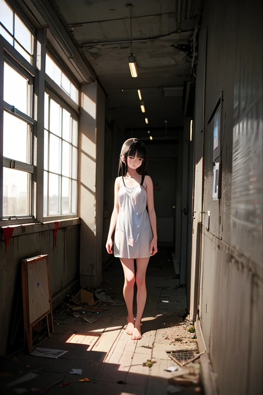 Highest quality、Masterpiece、8k、Japanese women、30th Generation、ghost、Pale skin、office building、ruins、Scary atmosphere、sexy、naked、pubic hair、Slender figure、Beautiful feet、Realistic Face、Horror、Realistic hands