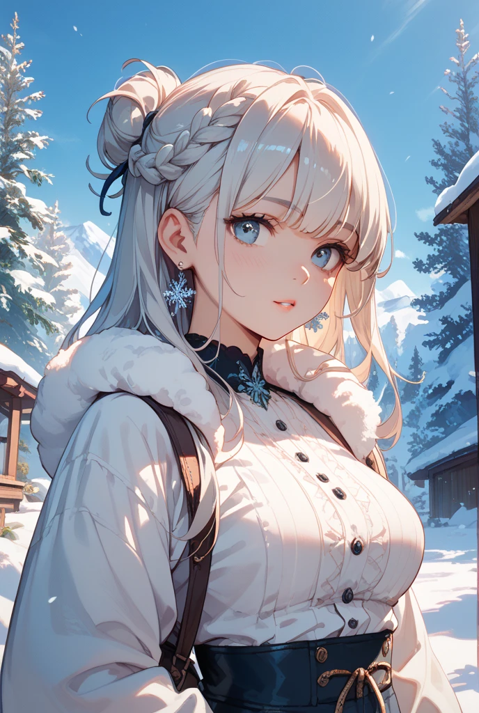 Girl with huge breasts in lace cleavage in the snow
