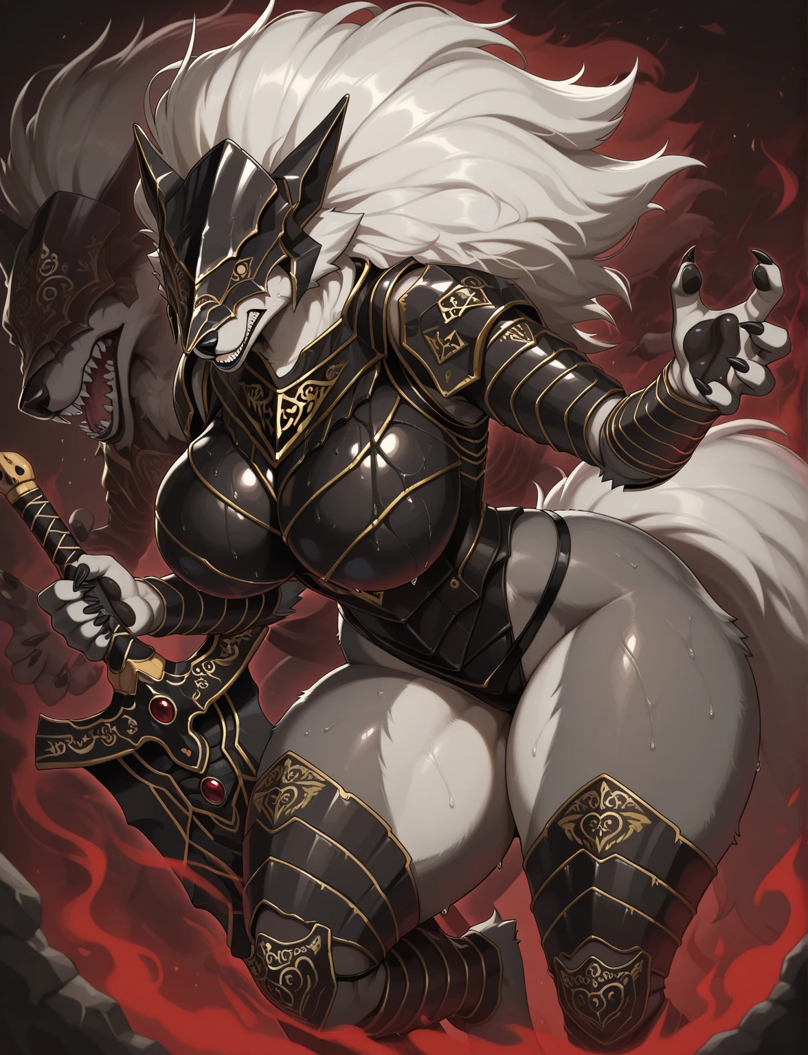 (high detailed) 1  dark nekomata, Long wild-like hairstyle, Black hair, evil grin, opened mouth, huge buson, busty, fur Cape, heavy armor, spiked shoulder pads, spiked armor, spiked belt, heavy boots, gigantic axe in hand, large wings, large fluffy tail