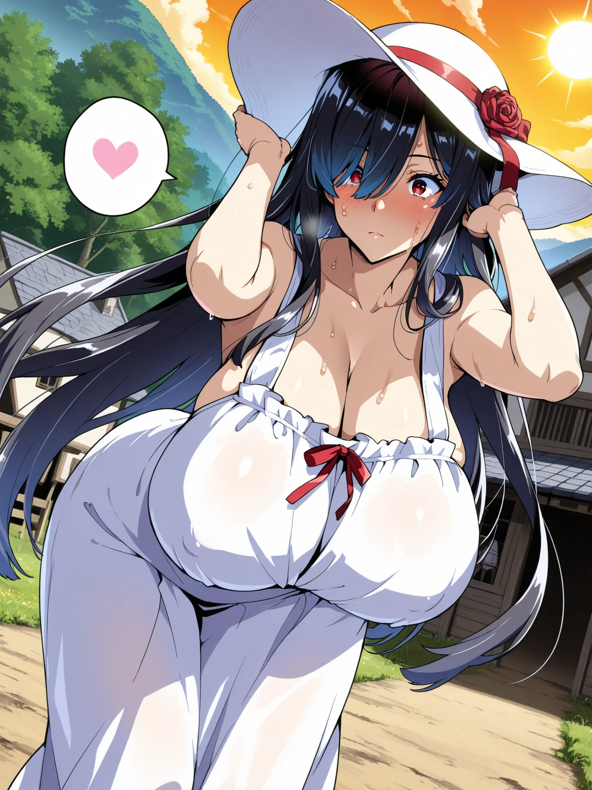 NSFW,Black Hairの男子生徒, boy, Short sleeve shorts, Wearing a long cape, A straw hat with two streamers and countless wind chimes, A giant fish made of water plays a green flute on its back, Leading more fish behind,Pants half-removed,shirt lift,penis,pussy juice,penis in pussy,blush,sex,One Shota,female(Black Hair,Iris,tall,Big Breasts,White dress,Wicked Smile,Long Straight Hair,White brim lady&#39;s hat,glamorous,)一組の幼いboyと女性
