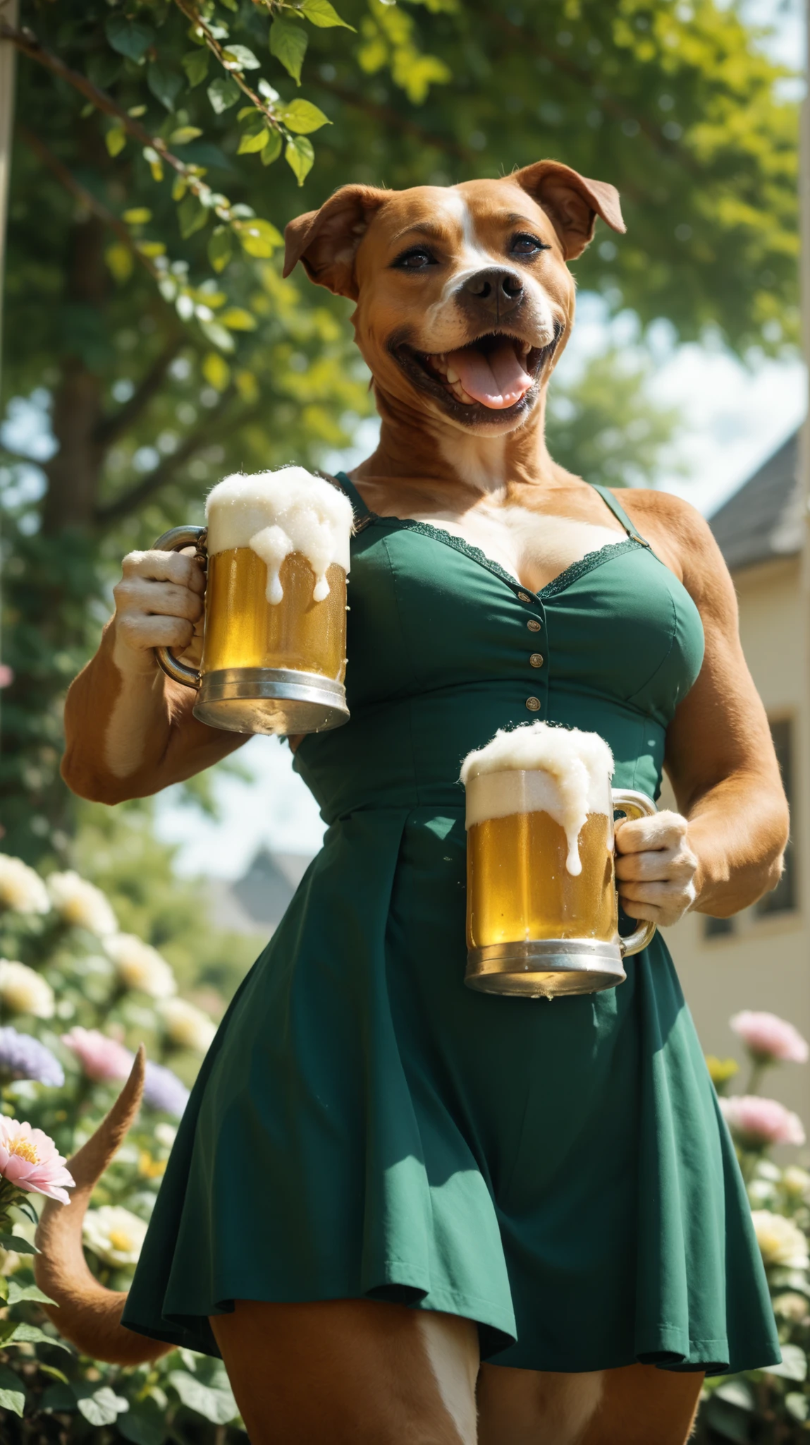 laughing girl standing in a green oktoberfest dress holding steins of beer. Set against a backdrop that is covered in flowers. pitbull, apbt, beautiful eyes, brown eyes, paws, brown fur, thin tail, low angle