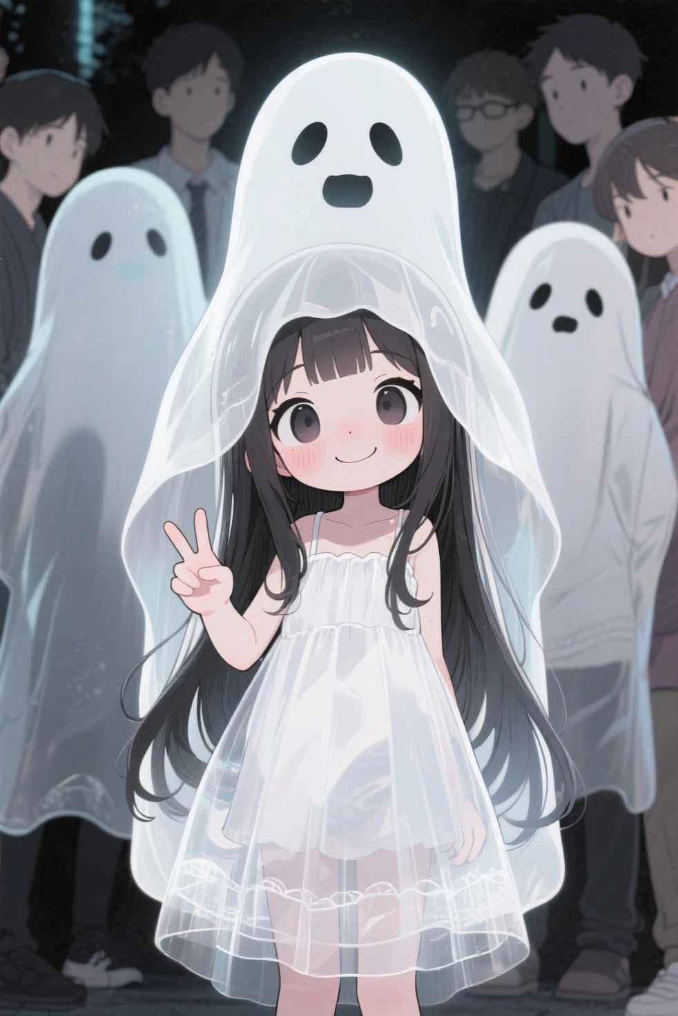 top quality、anime style、masterpiece、deformed little character style、vaguely reflected in the back of the group photo、ghost girl with peace and smiles。White Dress、long hair、It's a little transparent。Other people aren't aware。ghost but cute pose looking at the camera、cute