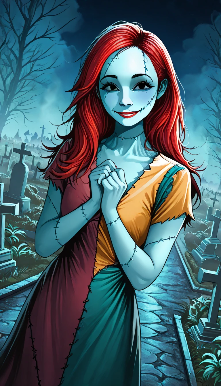 Sally, colored skin,stitches,long red hair, stitched face, lips,makeup, small pupils, solo standing, big eyes, close up, upper body, cowboy shot, 
dress,
garden, night time, dead plants, moonlight, (insanely detailed, beautiful detailed face, masterpiece, beautiful detailed eyes, best quality) 
 <lora:Sally-10v2:1>