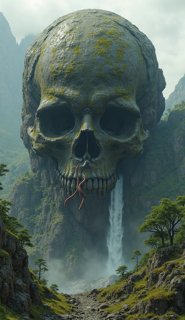 a tropical island, a gigantic human skull shaped cave, strange trees and animals, fog, (best quality,4k,8k,highres,masterpiece:1.2),ultra-detailed,(realistic,photorealistic,photo-realistic:1.37),detailed rock formations,lush vegetation,mysterious atmosphere,dramatic lighting,dramatic landscape,cinematic composition,moody colors,dark fantasy,surreal,epic scale