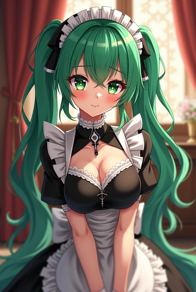 super high image, super detail, super high resolution, best quality, (full body image), ((anime)), (((masterpiece))), , (((single girl))), (16years old),(pretty face), (perfect body), (hourglass body shape), (high quality hands), ((glossy green hair)), (beautiful eyes), ((massive breasts:1.0)), (showing cleavage), (sexy), (((gothic lolita outfit with white accents))), sexy expression, (((erotic pose))), (thin waist:1.1), (wide hips:1.2), (thick ass:1.0),