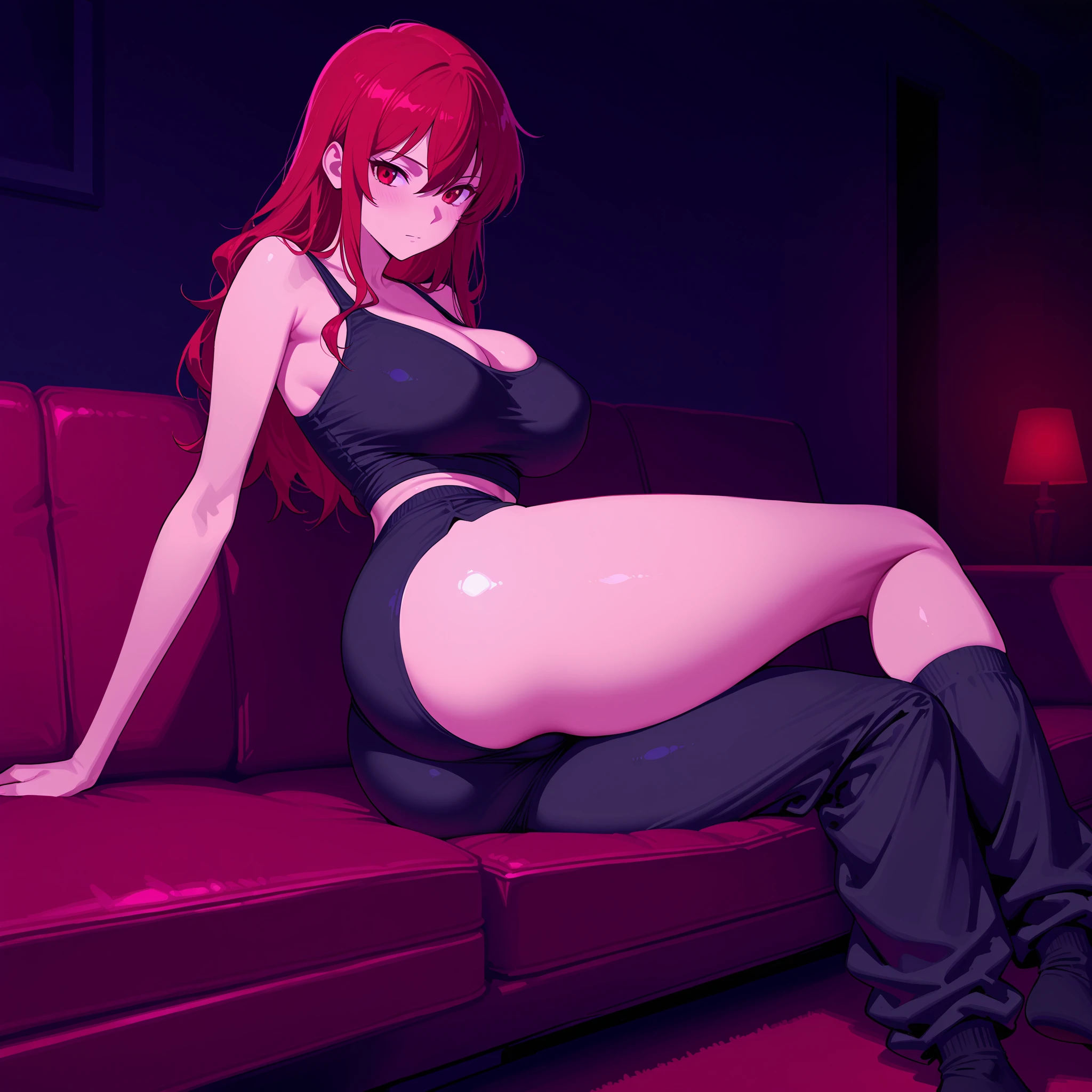 Redhead with Chinese hair sitting on a black chair in a black bikini white skin pink lips big eyes medium breasts thick thighs 