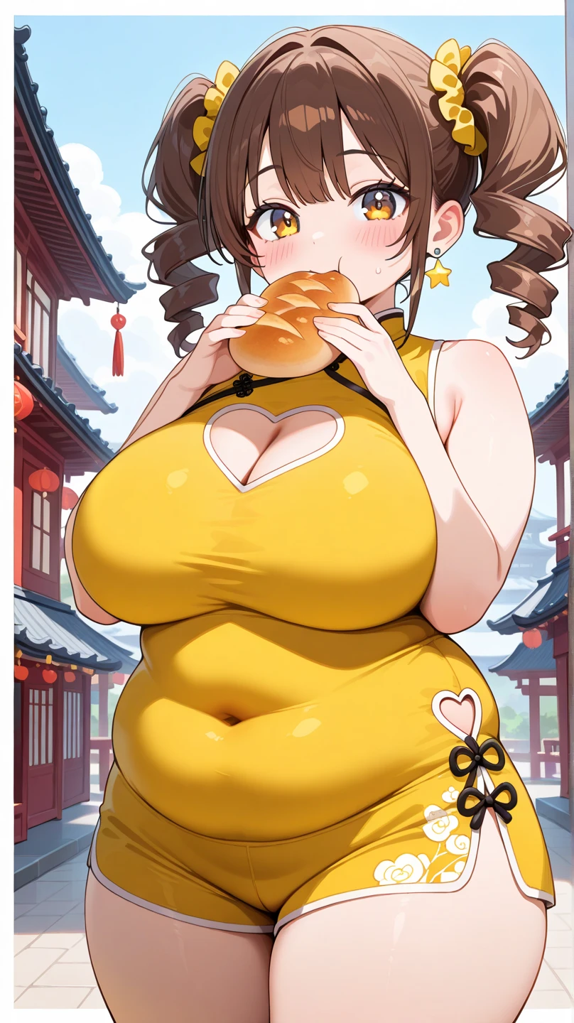 A MILF、Beautie、takeout、ultra gigantic tits、Hyper-obese body、chinese clothes、Overfeeding、Stacked tray background