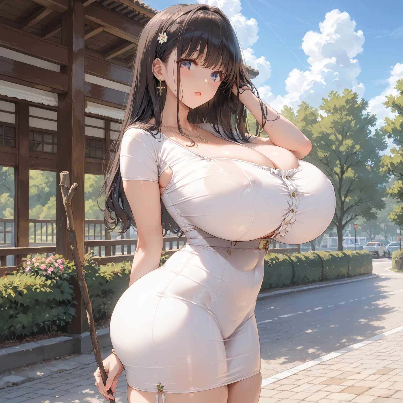 1 female、Twin tails、(Very large breasts:1.3)、White Dress、forest