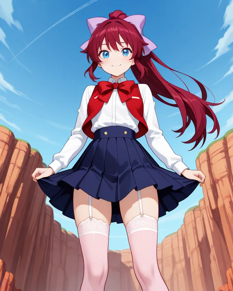 ultra-detailed, masterpiece, highest quality,shiny skin,wet skin,glossy skin,(la brava:1.5),mini skirt,pleated skirt,white shirt,school uniform,twin tails,red hair, pink eyes,long hair,smile,open mouth fangs,beach <lora:labrava2:1>
