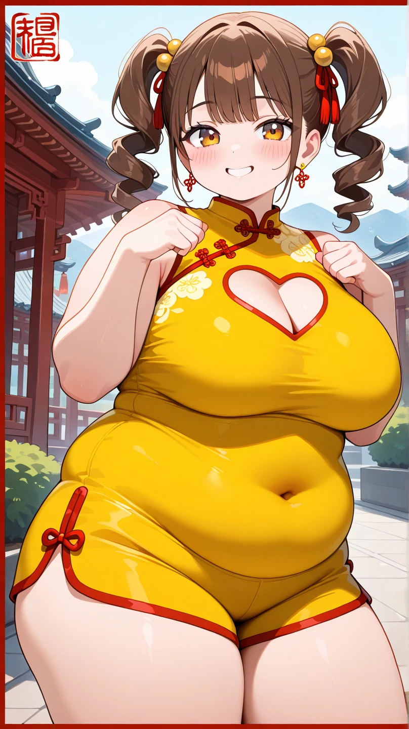 ((high reasterpiece), perfect anatomy, perfect shading, field of depth, (best quality), extremely delicate and beautiful, perfect lighting, detailed face, ultra cute face, cute, (cowboy shot 1.2), looking at viewer, full body, ((1girl)), ((solo)),

short hair, fluffy hair, brown hair, green eye, ((blush)), nervous ((red chinese split dress 1.2)), extremely tight clothes, medium breasts, cleavage, perky breasts, (((wide hips))), ((thick thighs)), (chubby), chubby belly, fat rolls, belly hang,

street, town, chinese festival, night time, intricate background, detailed background, standing,