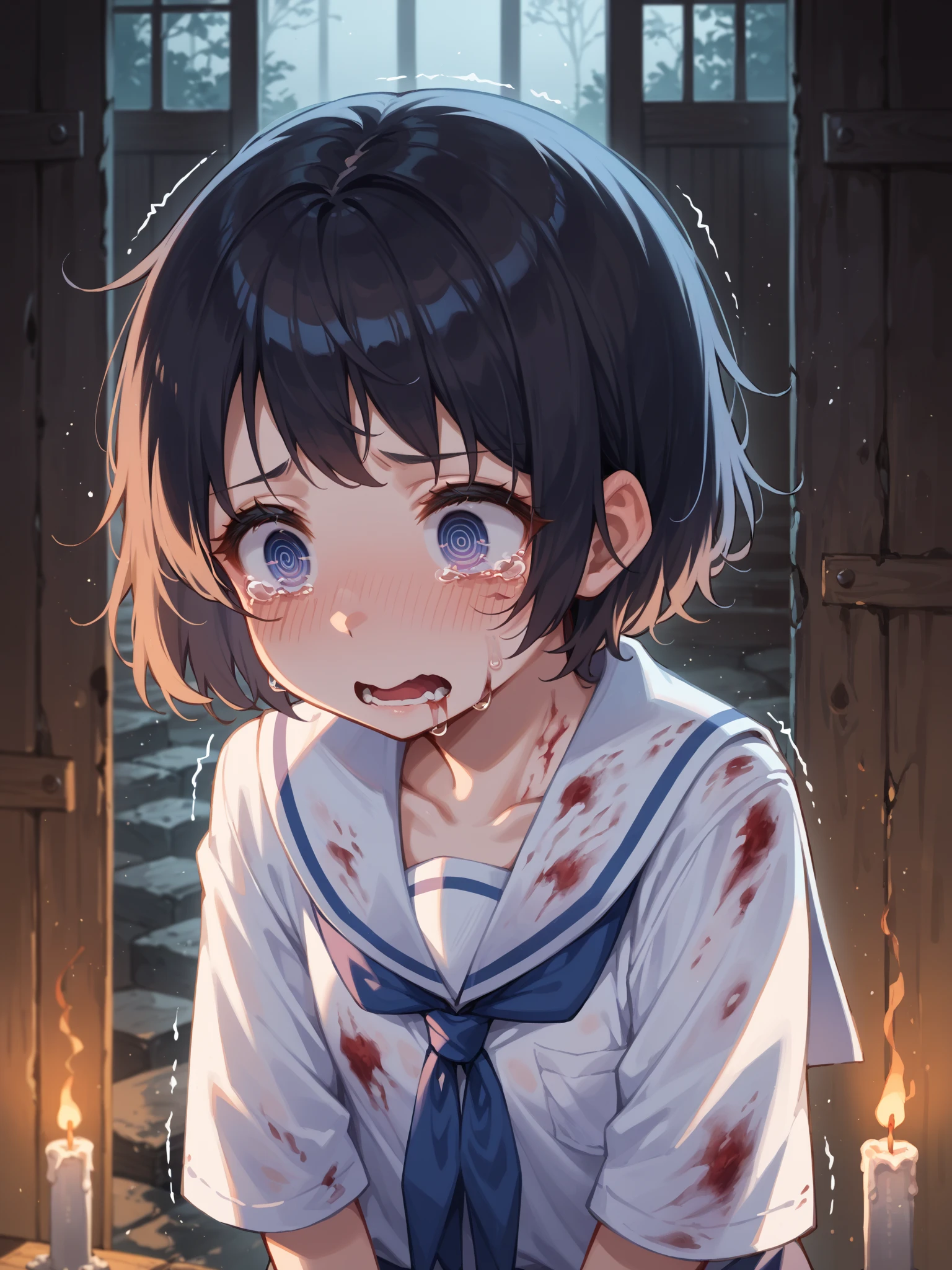 (High quality:1.2),Masterpiece,Ultra-detailed,Disgusted gaze,Blood splattered on the face,Blood dripping,Serious expression,no smile,Darkening of facial features,The overall background is darkened,More blood,Dye red and white