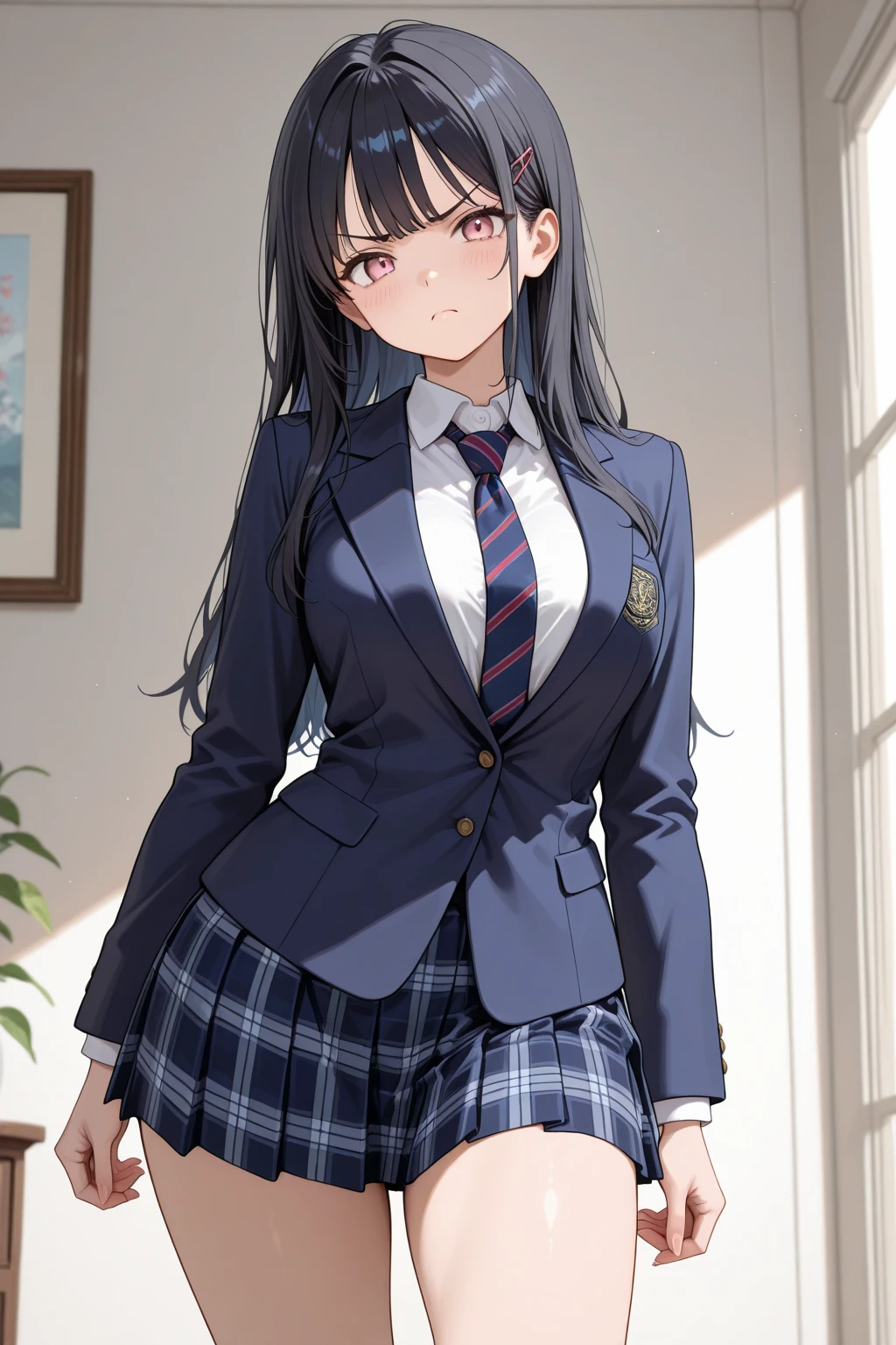 Takina inoue, masterpiece, best quality, 1 girls, solo, black long hair, white shirt, black pleated skirt, breast out, blush, shy, sexy pose, smile, indoor, classroom, chair, desk, window, sitting, hands behind,