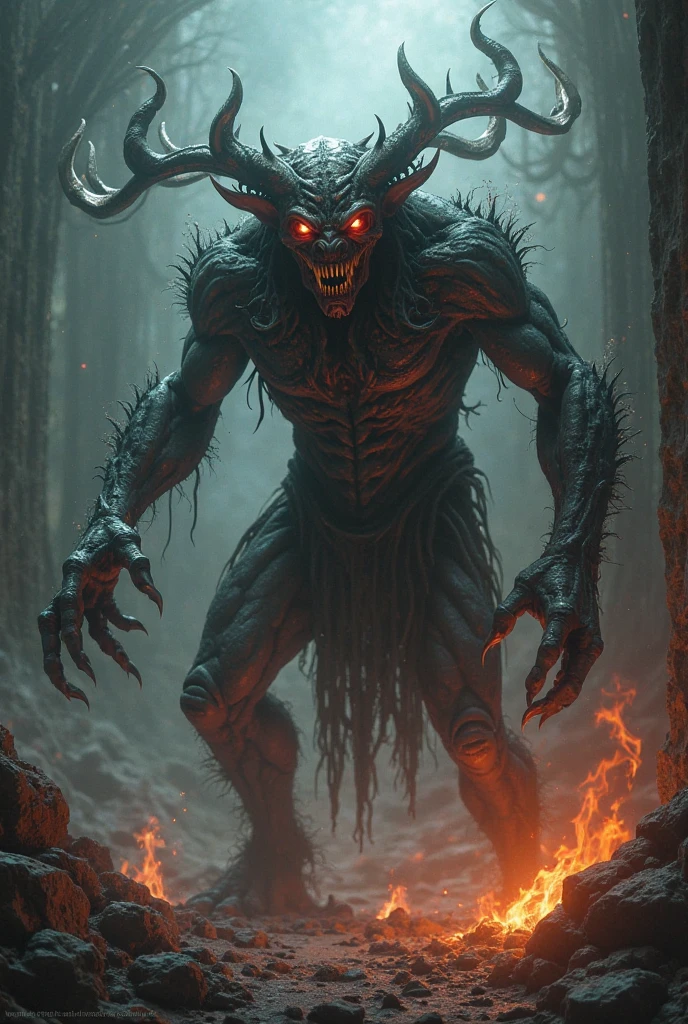 Design a chilling image of Noroi no Muchi Oni, a demon wielding a cursed whip. Those struck by the whip are bound by a curse and suffer eternally. The setting should be a dark, cursed dungeon or a shadowy, ancient temple, highlighting its punishing and torturous nature.





