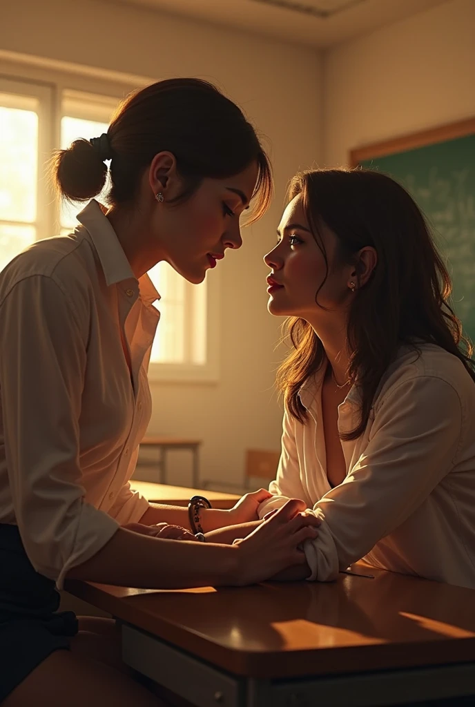 A sexy schoolgirl in a long-sleeved white school uniform stands passionately kissing a sexy female teacher in a black shirt in the darkness of a dark room. She hugs the female teacher.